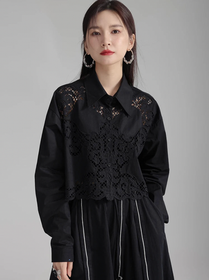 Sherrm Doiley Crop Button Up in Black | Marigold Shadows