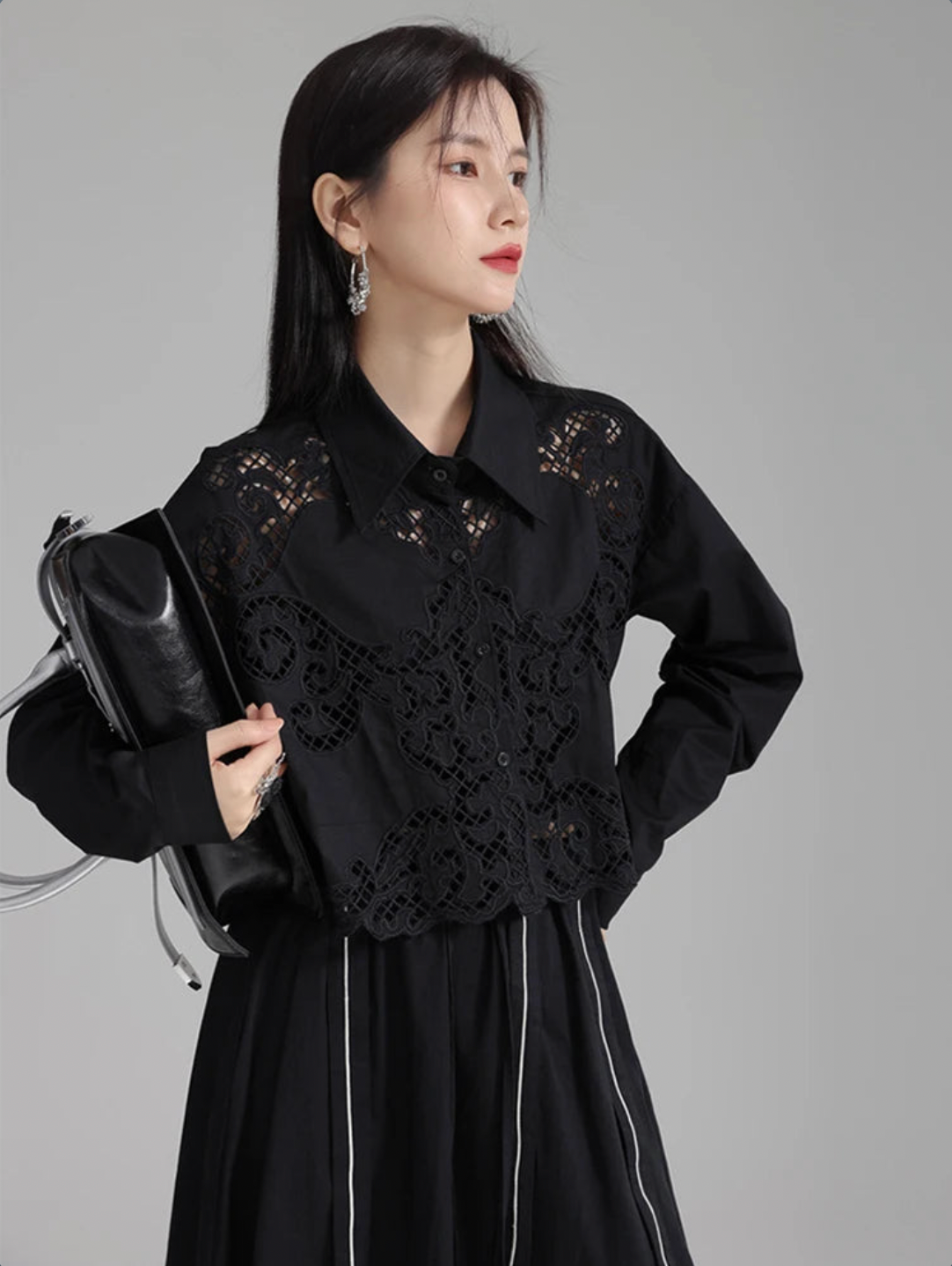 Sherrm Doiley Crop Button Up in Black | Marigold Shadows