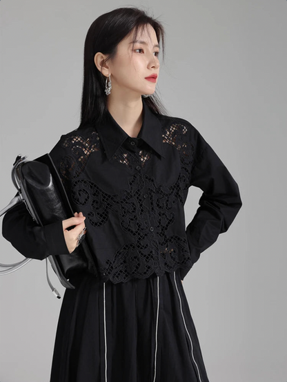 Sherrm Doiley Crop Button Up in Black | Marigold Shadows