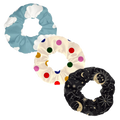 Silk Satin Scrunchie Set, blue cloud, cream polka dot and black celestial prints