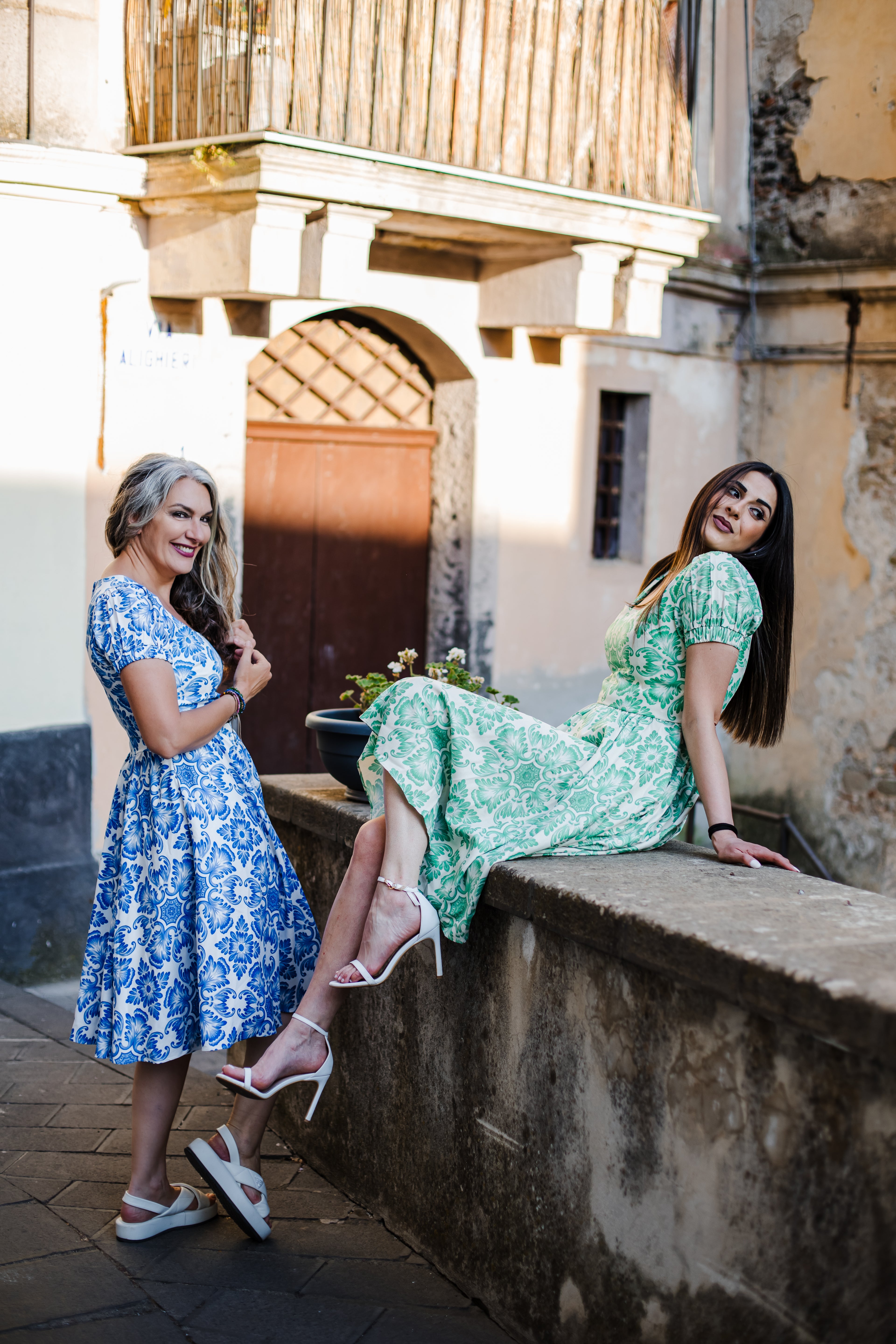 Amara swing dress in green and white Noto Tile print with puff sleeves and a full swing skirt, by Pinup Girl Clothing