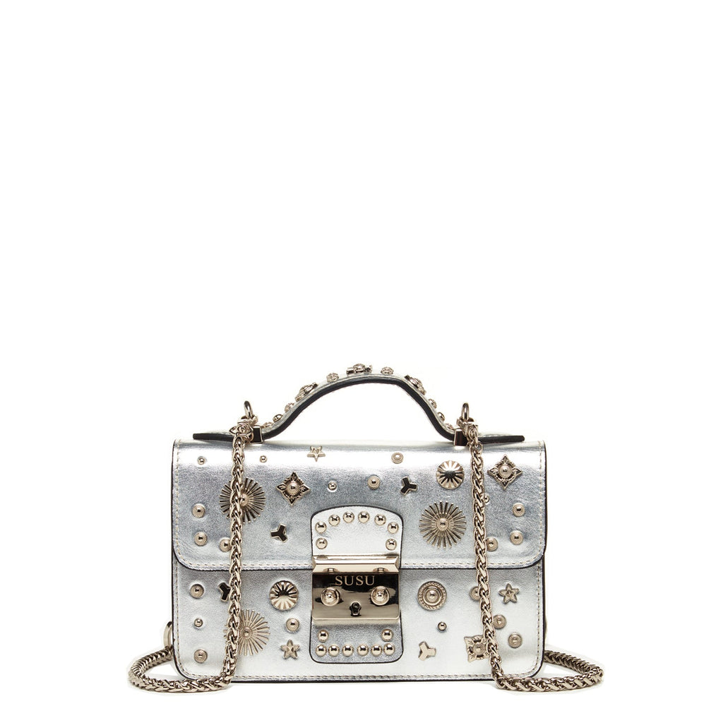 The Hollywood studded silver leather crossbody bag by Pinup Girl Clothing.