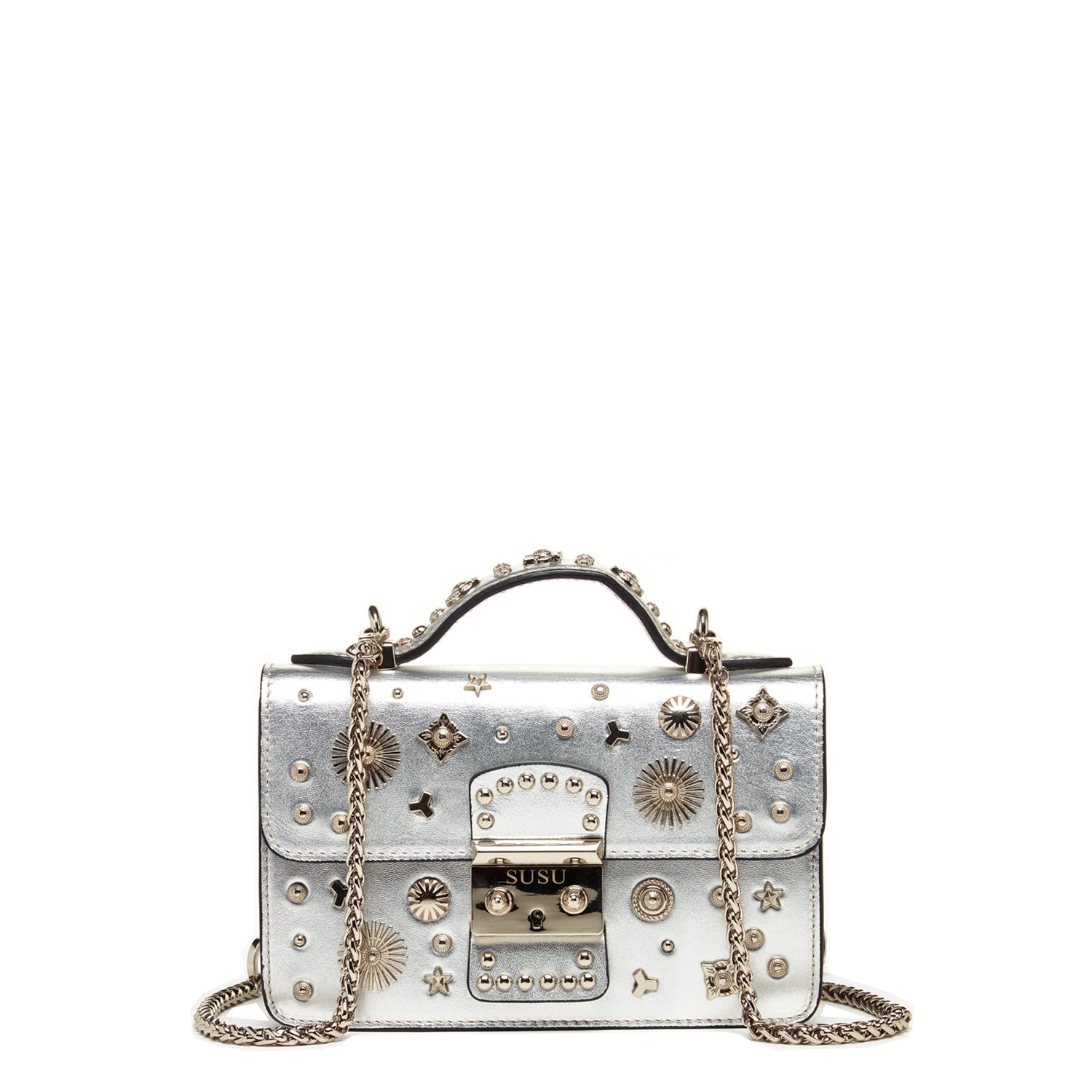 The Hollywood studded silver leather crossbody bag by Pinup Girl Clothing.