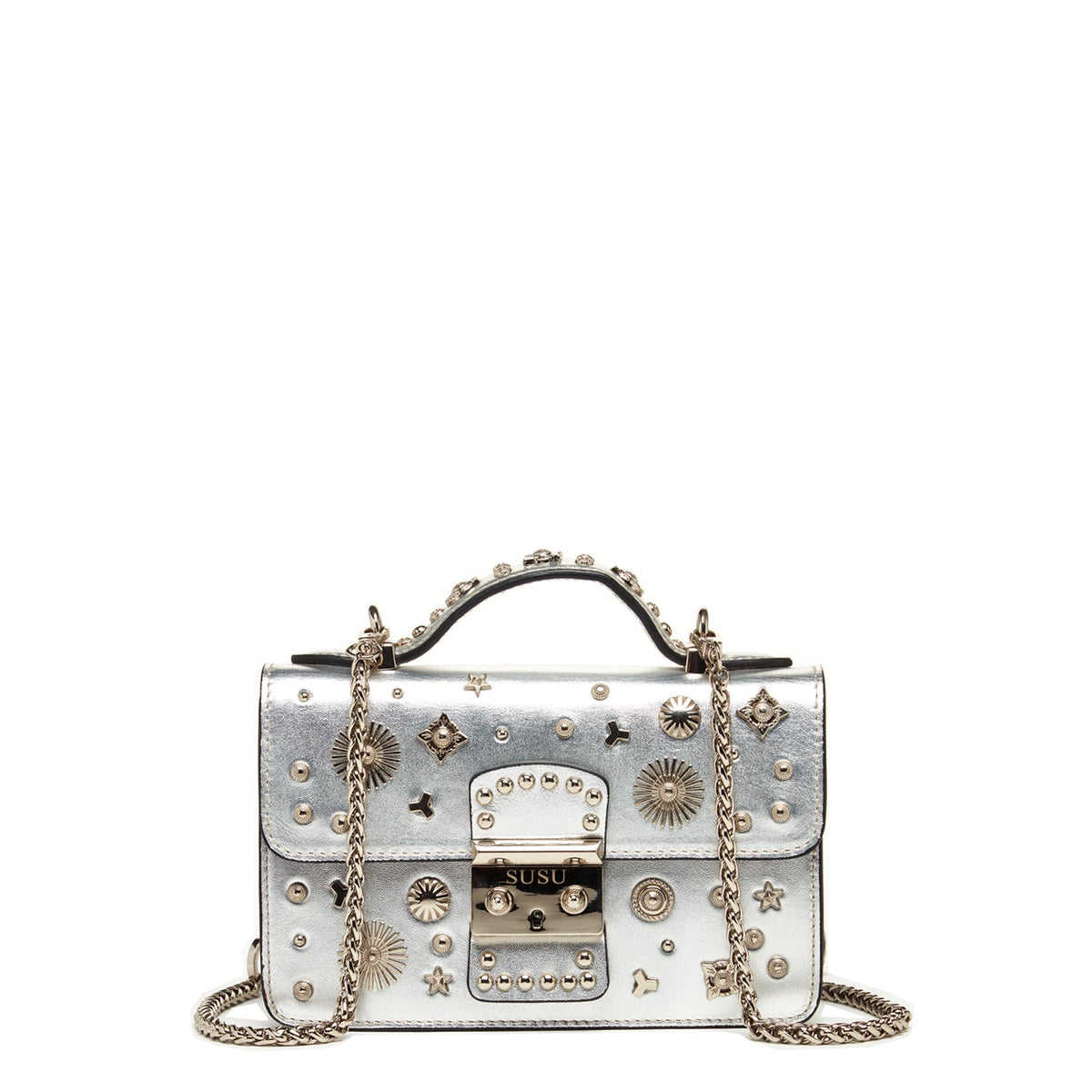 The Hollywood studded silver leather crossbody bag by Pinup Girl Clothing.