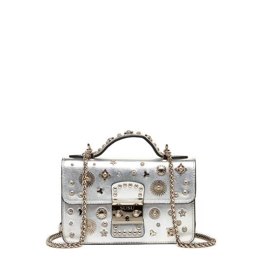 The Hollywood studded silver leather crossbody bag by Pinup Girl Clothing.