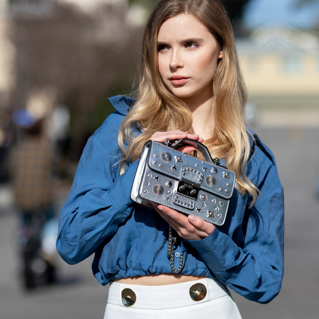 The Hollywood Studded Leather Crossbody Bag in Silver