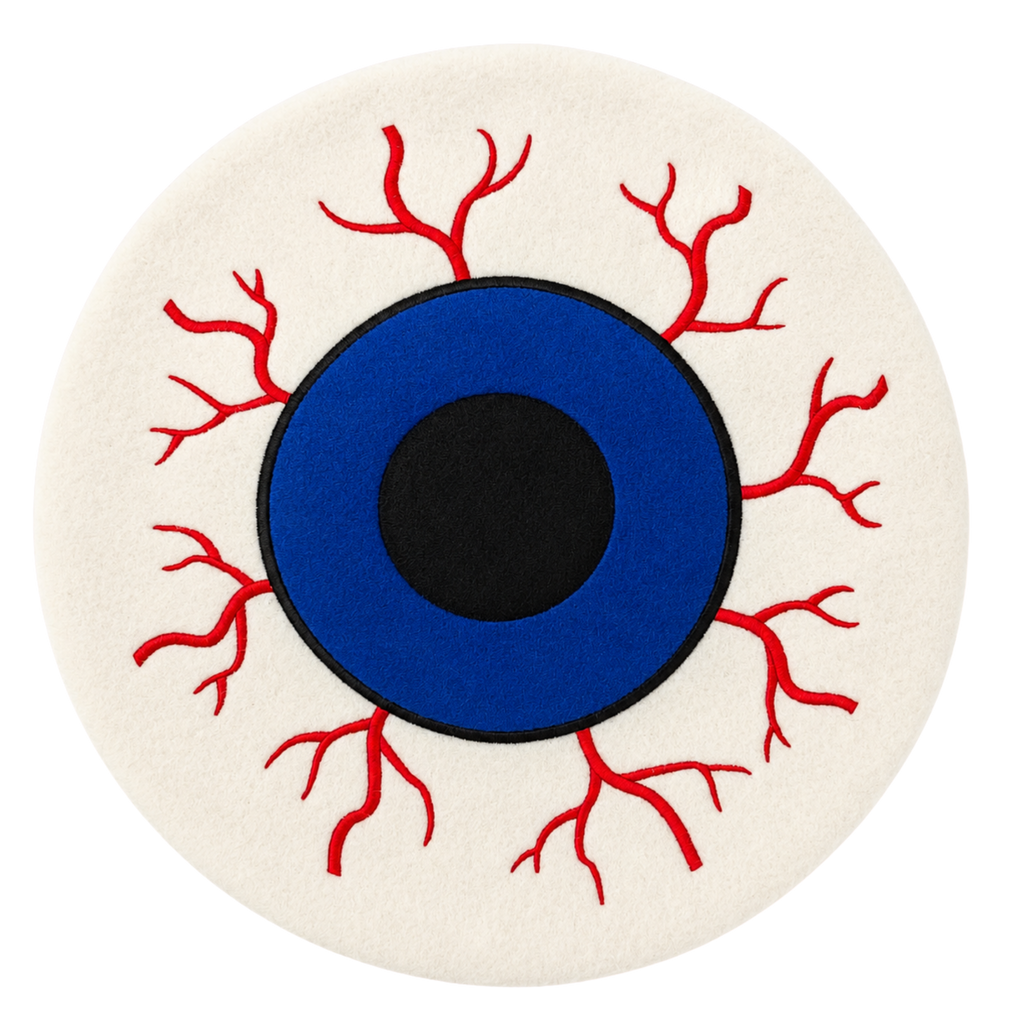 Eyeball Beret, cream white wool with a giant embroidered blue eyeball