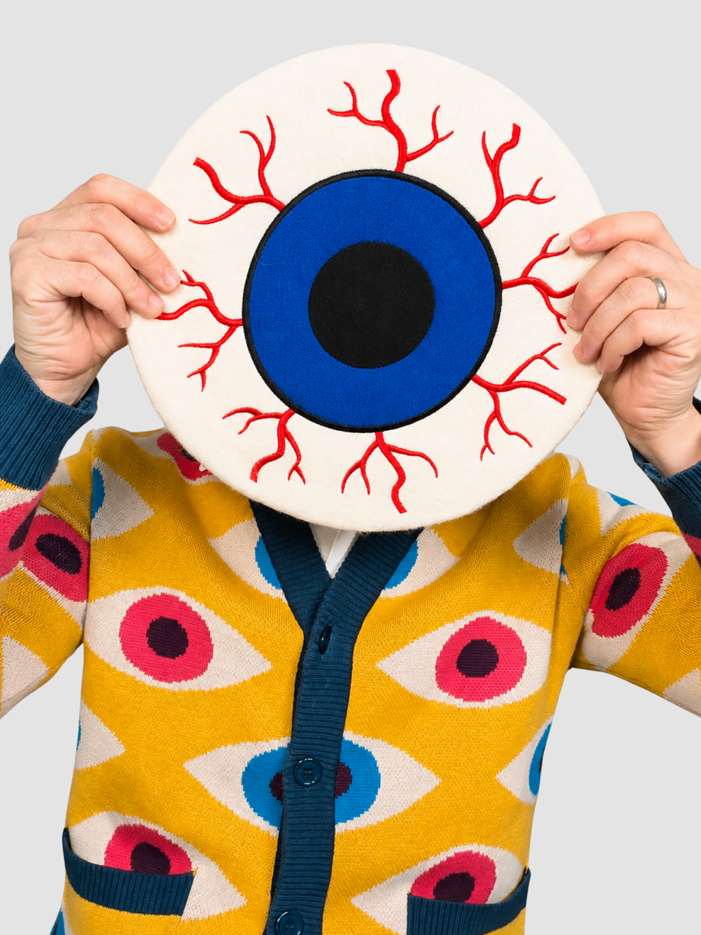 Eyeball Beret, cream white wool with a giant embroidered blue eyeball (view 3)