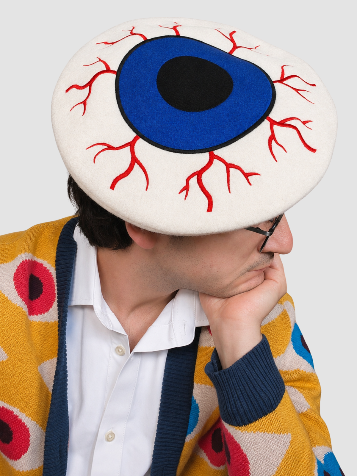 Eyeball Beret, cream white wool with a giant embroidered blue eyeball (view 2)