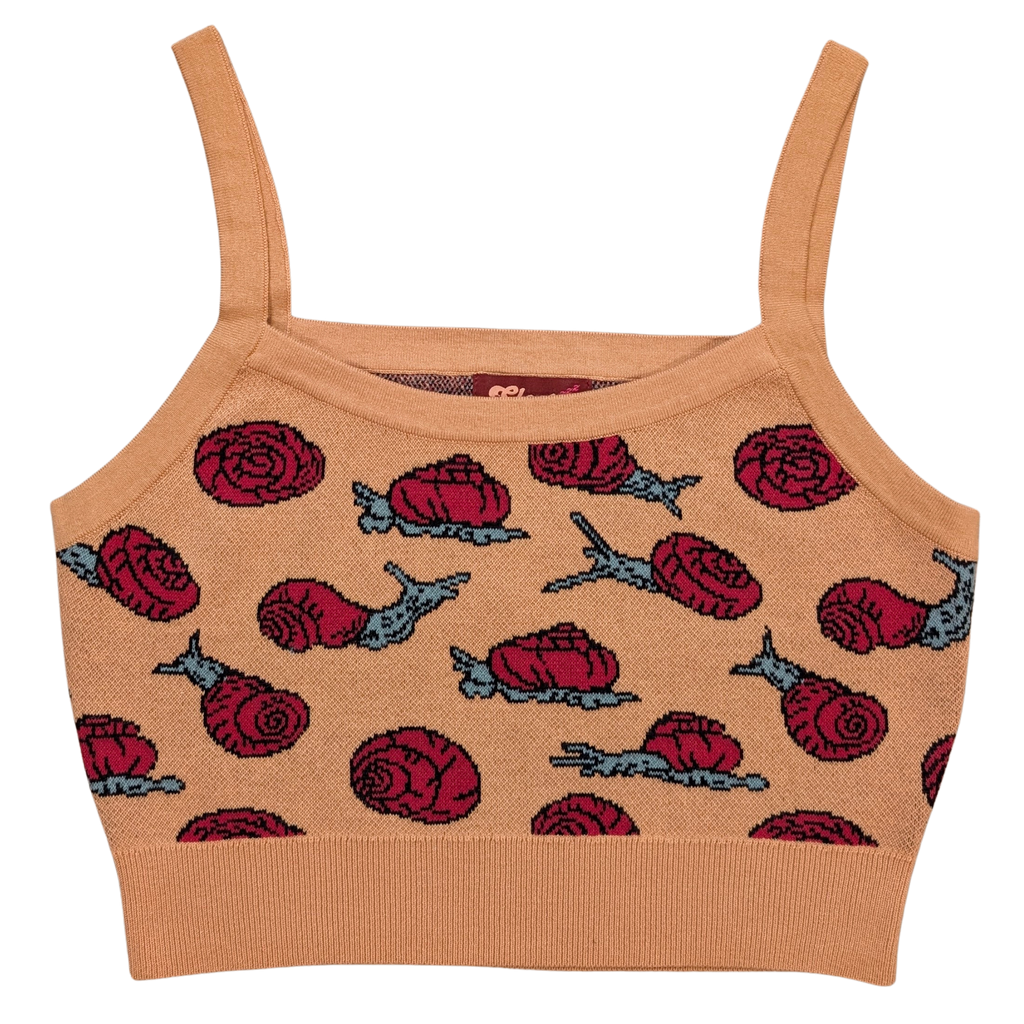 Snails Just Wanna Have Fun Crop Top, tan with red snail print