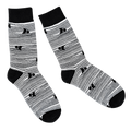 Striped Catastrophe Socks, black and white striped crew socks with black cats