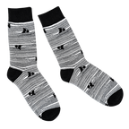 Striped Catastrophe Socks, black and white striped crew socks with black cats
