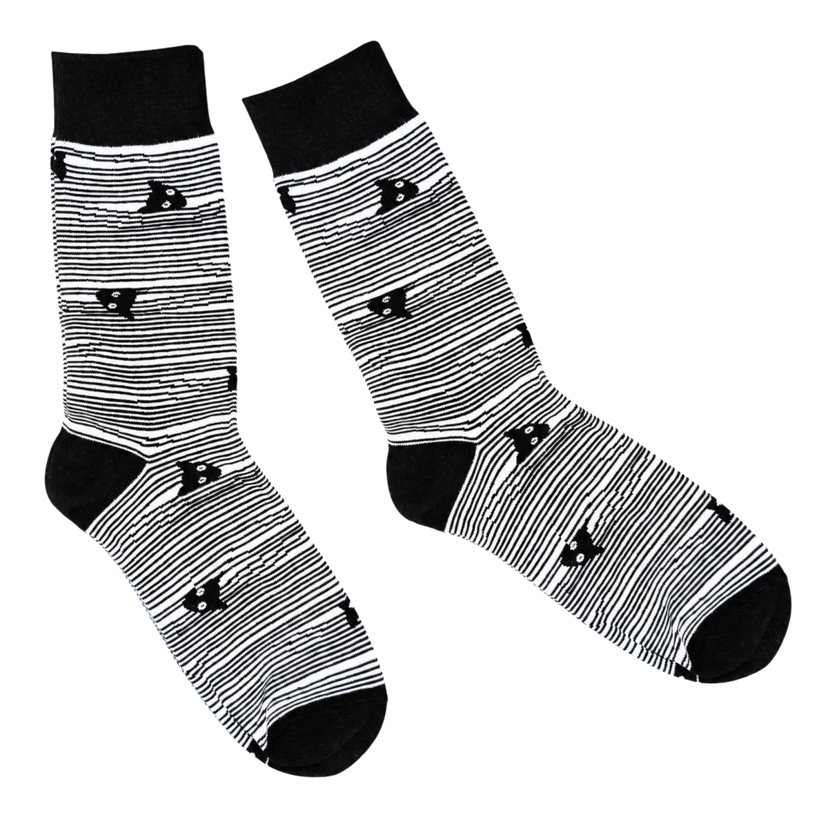 Striped Catastrophe Socks, black and white striped crew socks with black cats