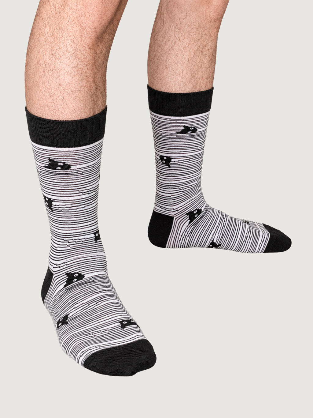 Striped Catastrophe Socks, black and white striped crew socks with black cats (view 2)