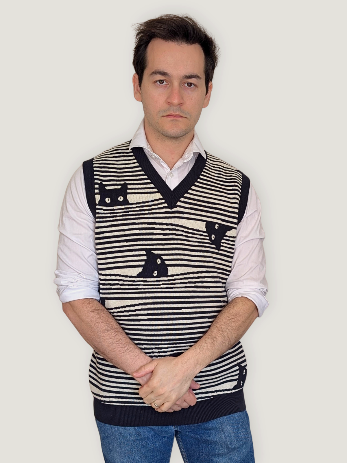 Striped Catastrophe Sweater Vest, black and off-white stripes (view 3)