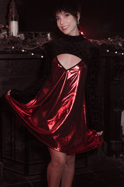 Liquid red stretch mini dress on model