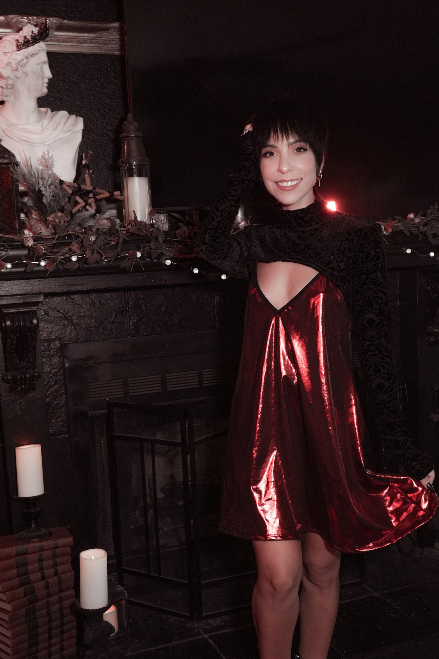 Red mini dress with a skirt that flares when you move
