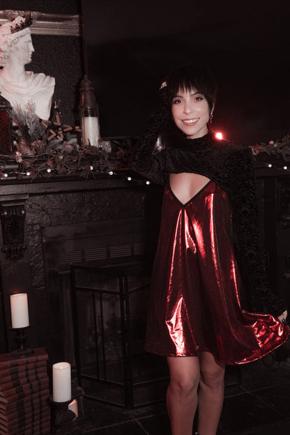 Red mini dress with a skirt that flares when you move