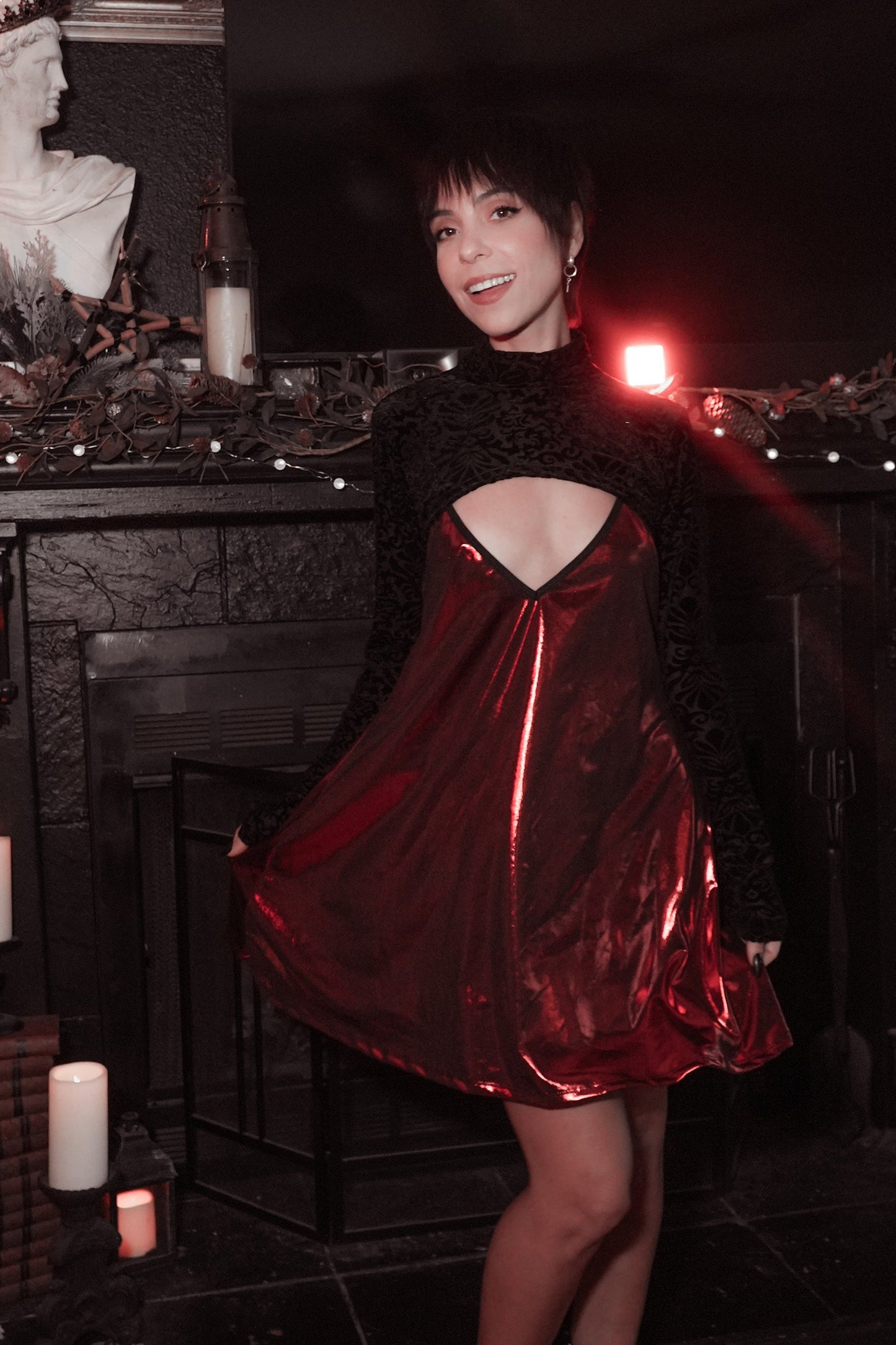 High shine red mini dress with long sleeves