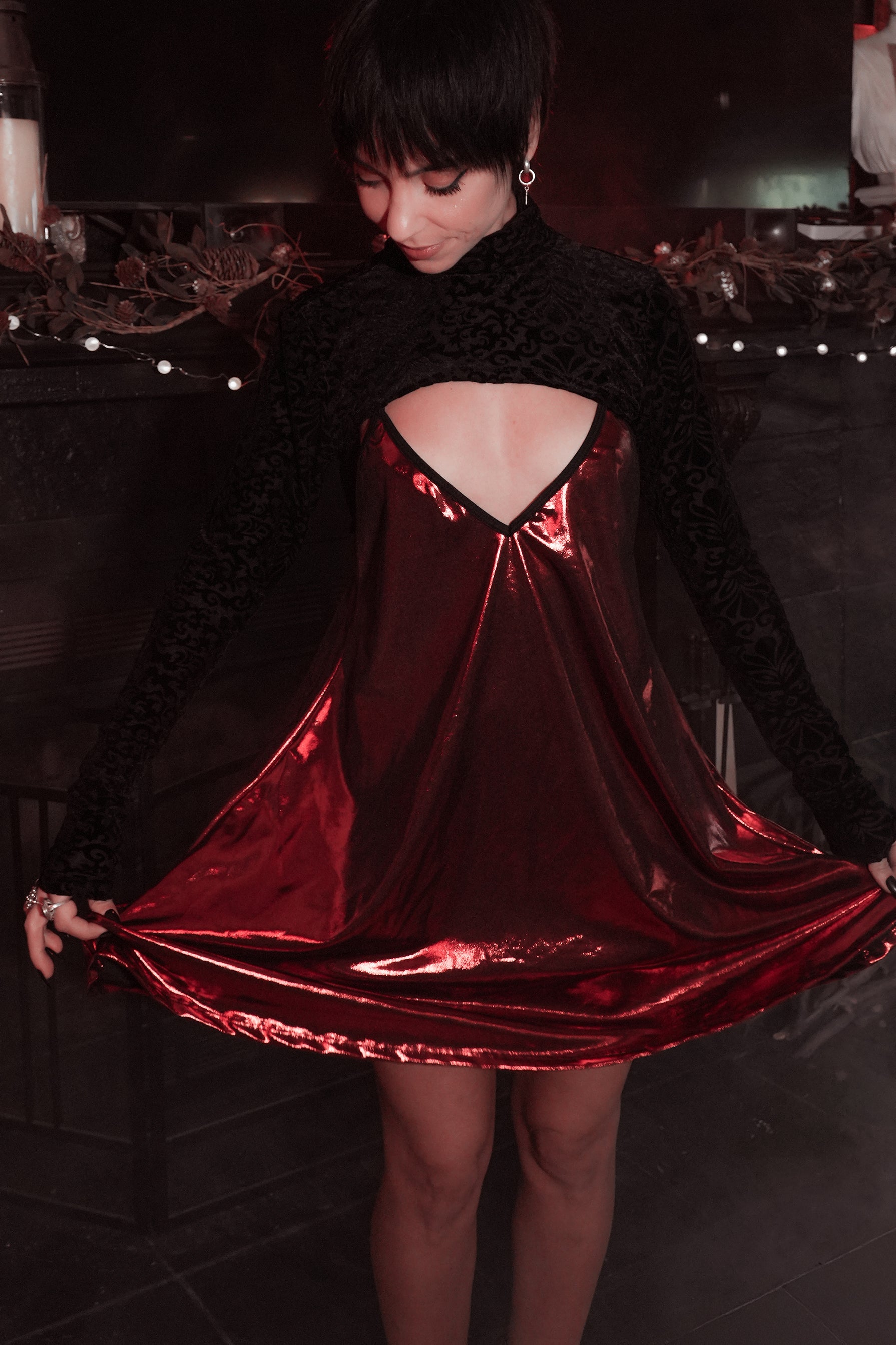Red Avoid mini dress in stretch poly
