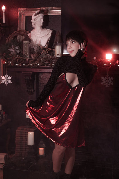 Red Avoid mini dress styled with the Shadows burnout top