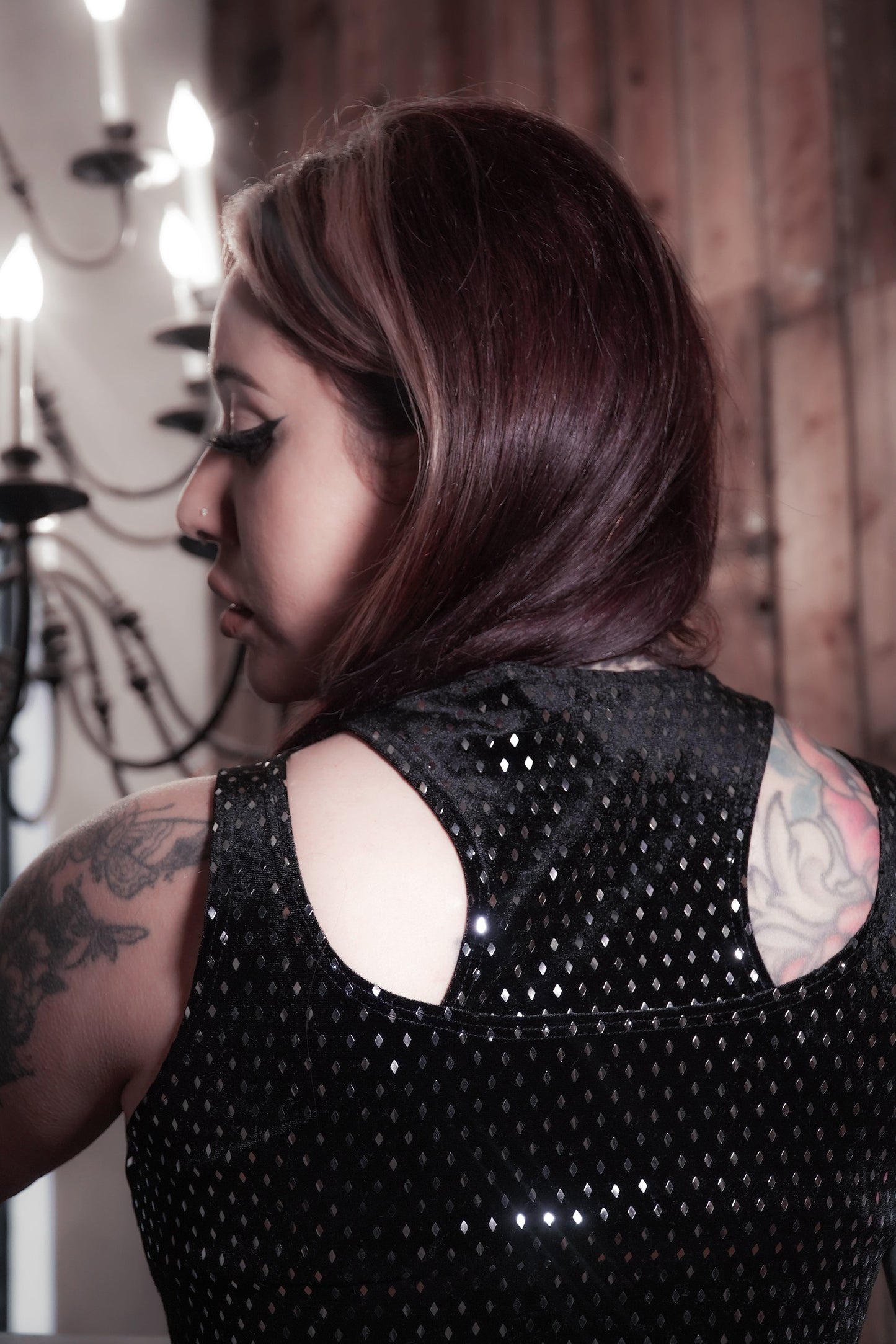 Frostbound dress in vegan velvet, back view