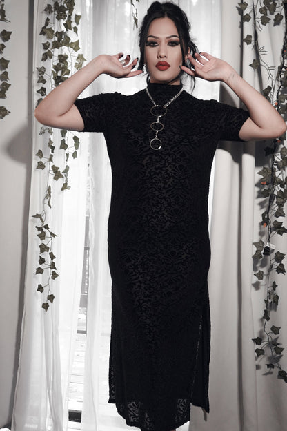 Burnout pattern detail on the black velvet Dark Solstice dress