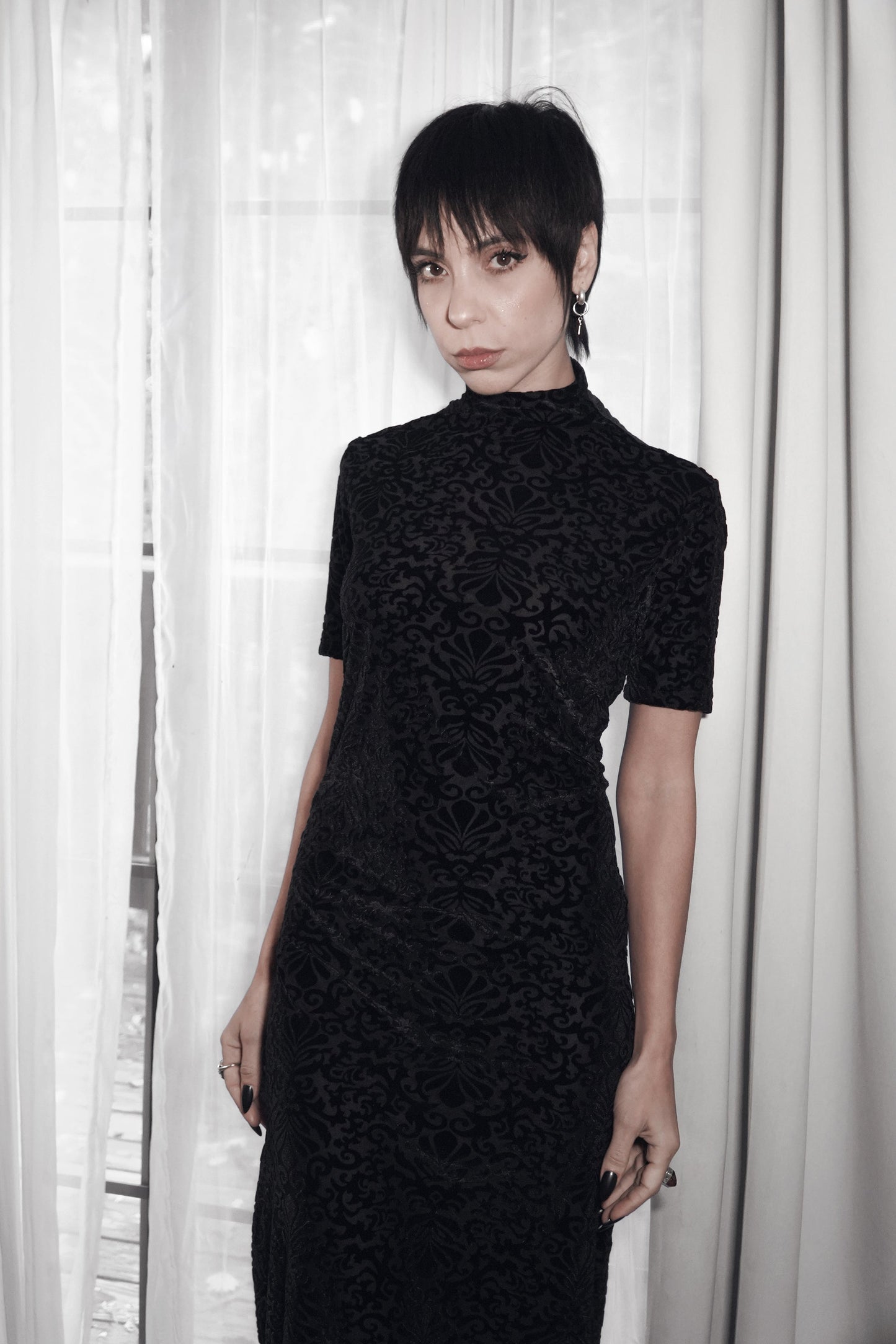 Dark Solstice velvet dress styled with silver jewellery
