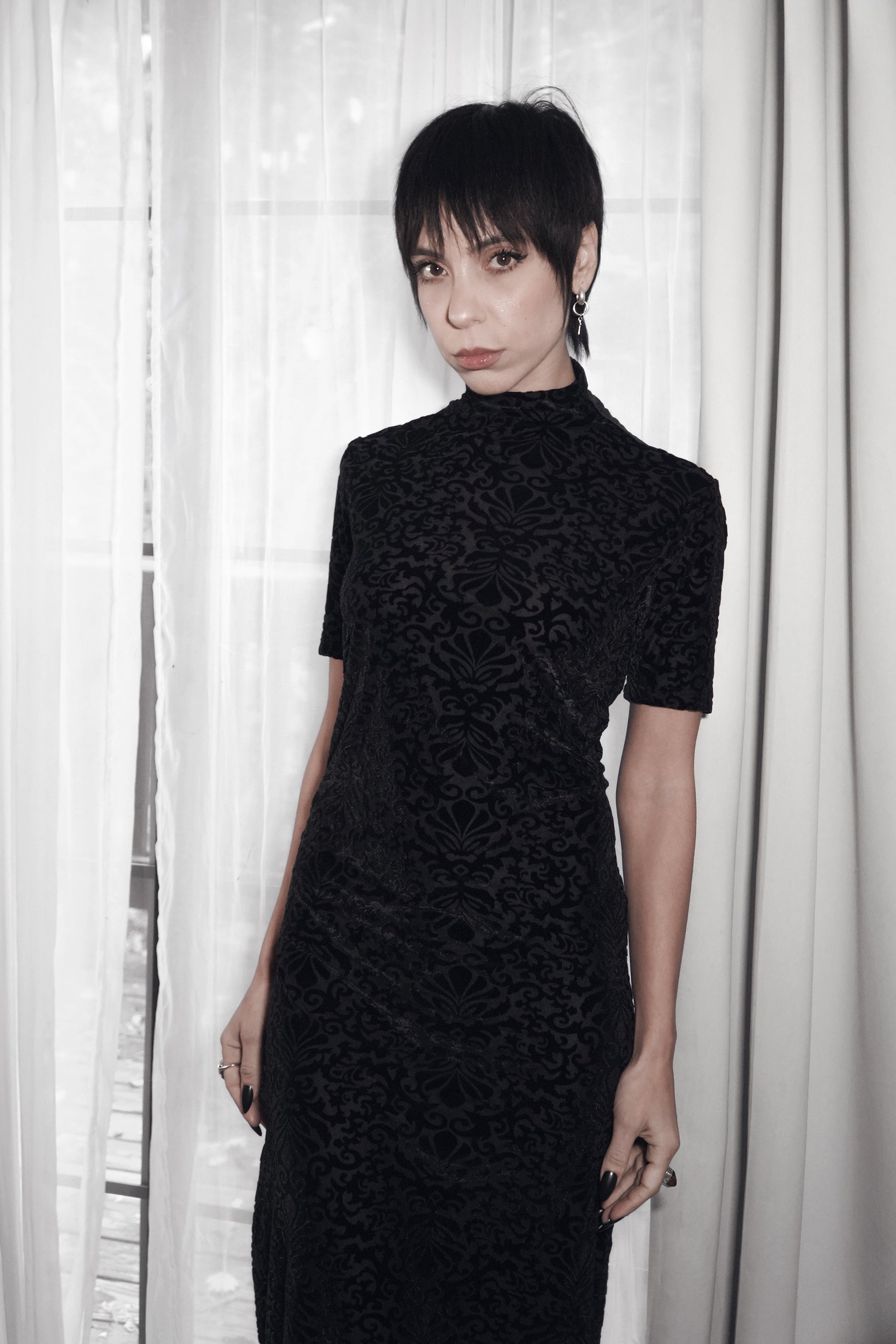 Dark Solstice velvet dress styled with silver jewellery