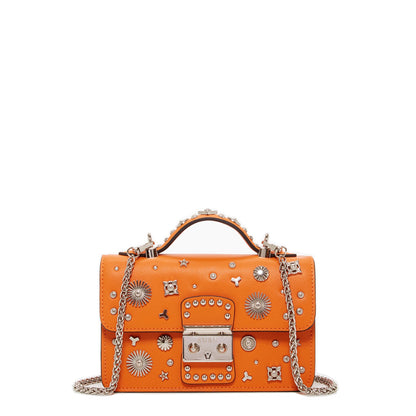 Hollywood studded leather crossbody bag in orange by Pinup Girl Clothing.