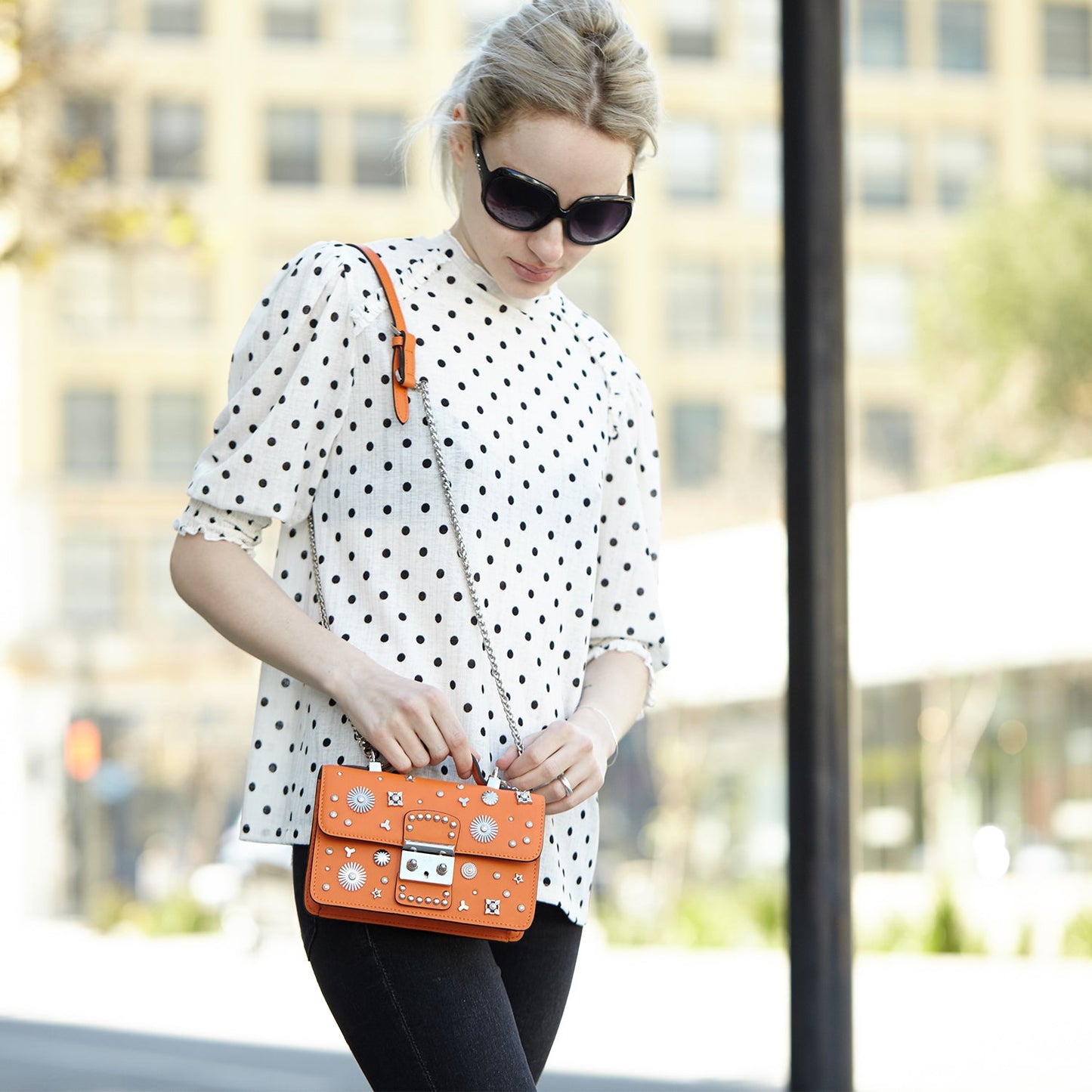 Hollywood Studded Leather Crossbody Bag in Orange