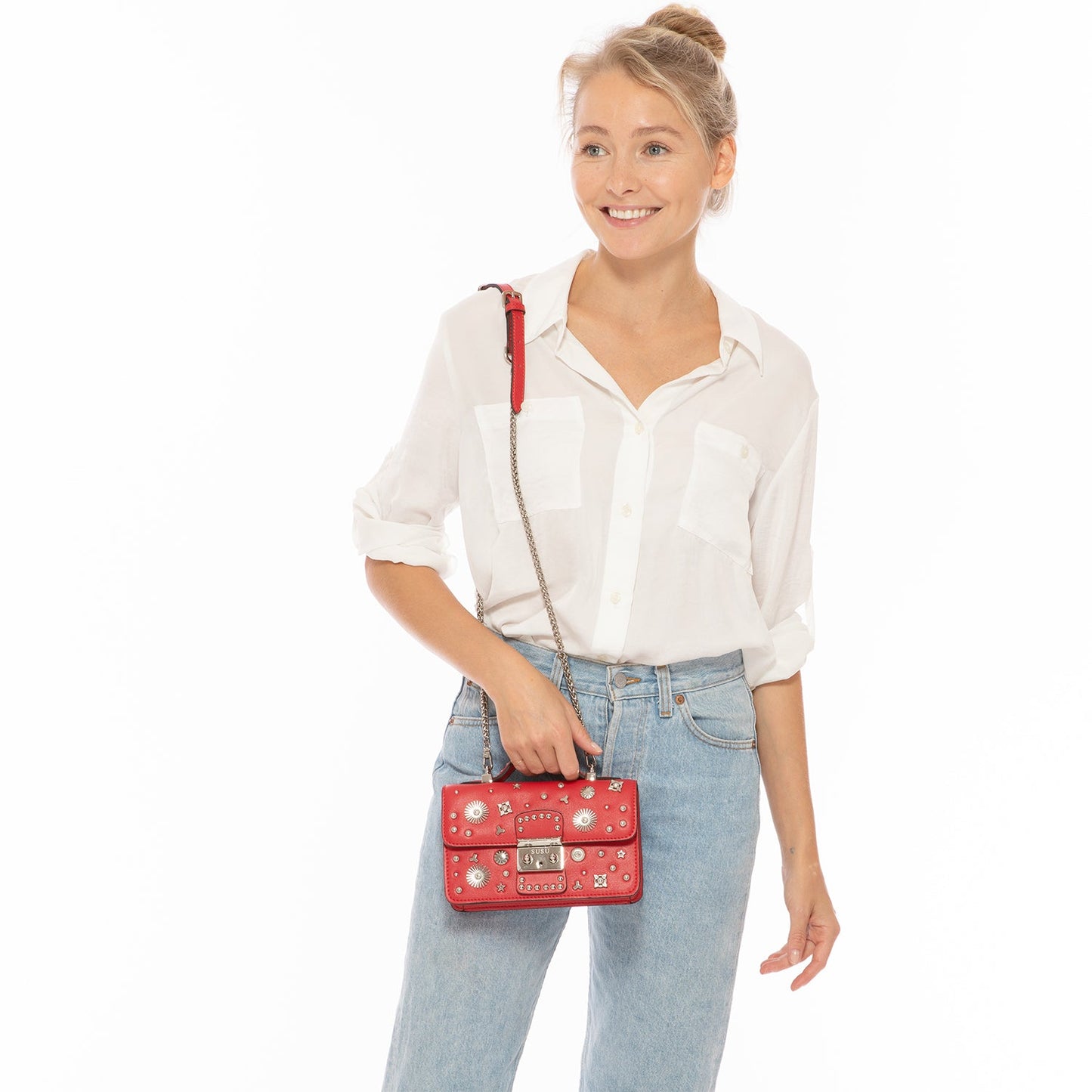 The Hollywood Studded Leather Crossbody Bag in Red