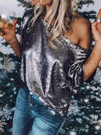 Mali Mock Neck Sequin Top in Apricot or Gray