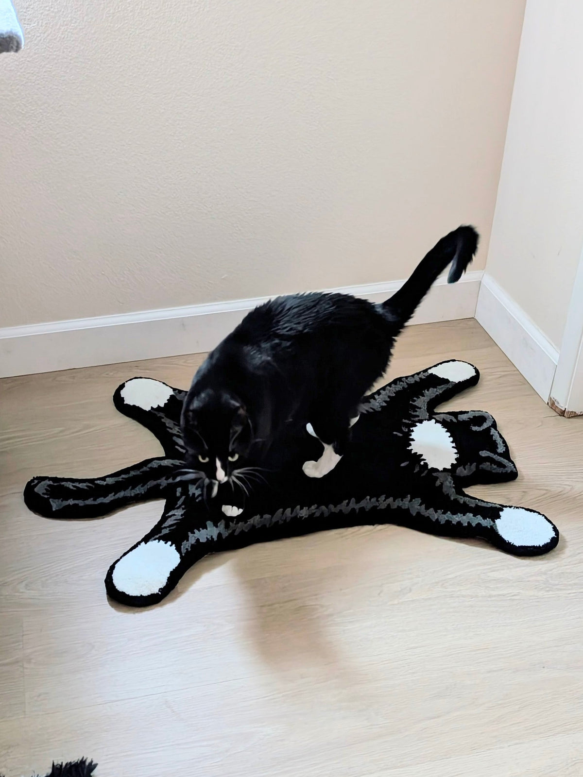 Tuxedo Cat Hunting Rug, black and white cat shaped rug (view 5)