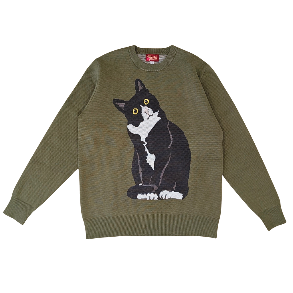 Tuxedo Cat Sweater, olive green with tuxedo cat graphic