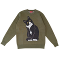 Tuxedo Cat Sweater, olive green with tuxedo cat graphic