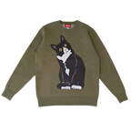 Tuxedo Cat Sweater, olive green with tuxedo cat graphic