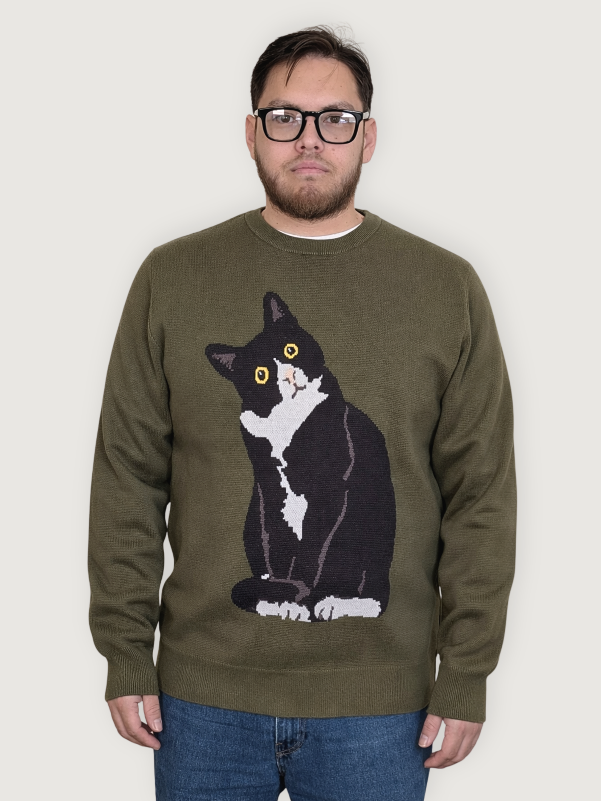 Tuxedo Cat Sweater, olive green with tuxedo cat graphic (view 2)