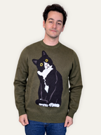 Tuxedo Cat Sweater, olive green with tuxedo cat graphic (view 5)