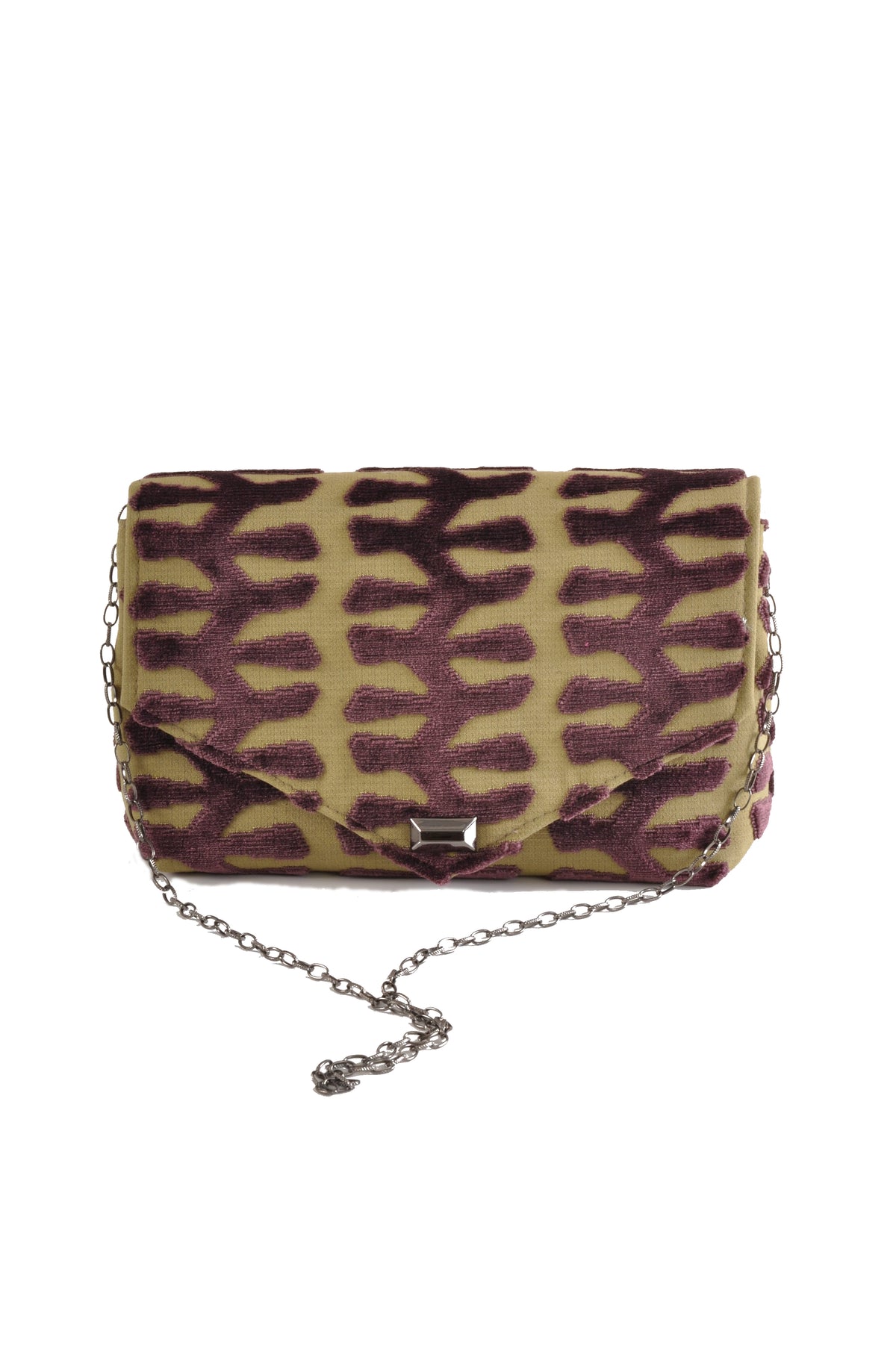 Totem green and brown cut velvet envelope clutch with silver chain by Pinup Girl Clothing