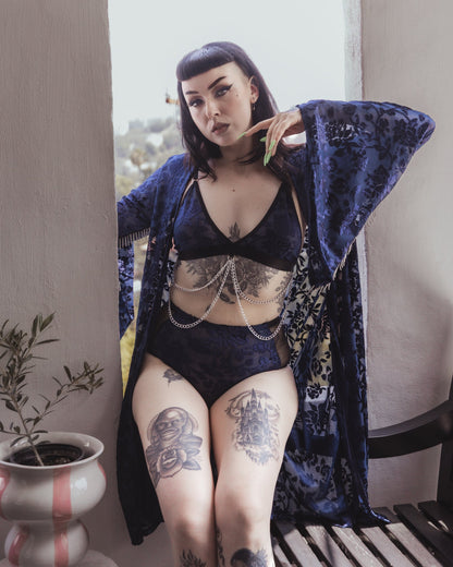 Deep blue burnout velvet kimono with silver chain fringe by The Pretty Cult