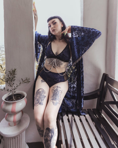 Blue burnout velvet damask kimono with wide sleeves