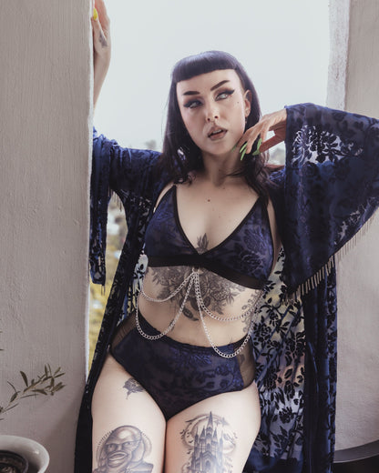 Long open front blue velvet kimono with chain trim