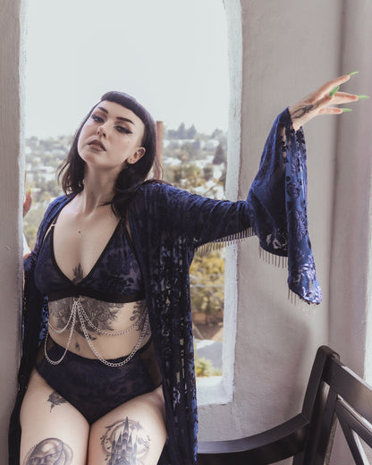 Blue velvet kimono layered as a robe