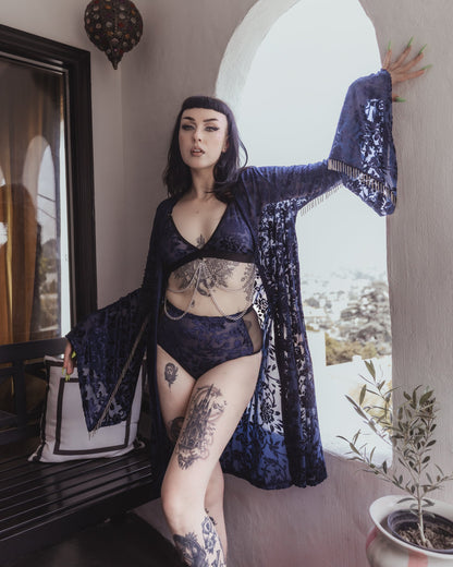 Navy floral burnout velvet Midnight Muse panties, full look