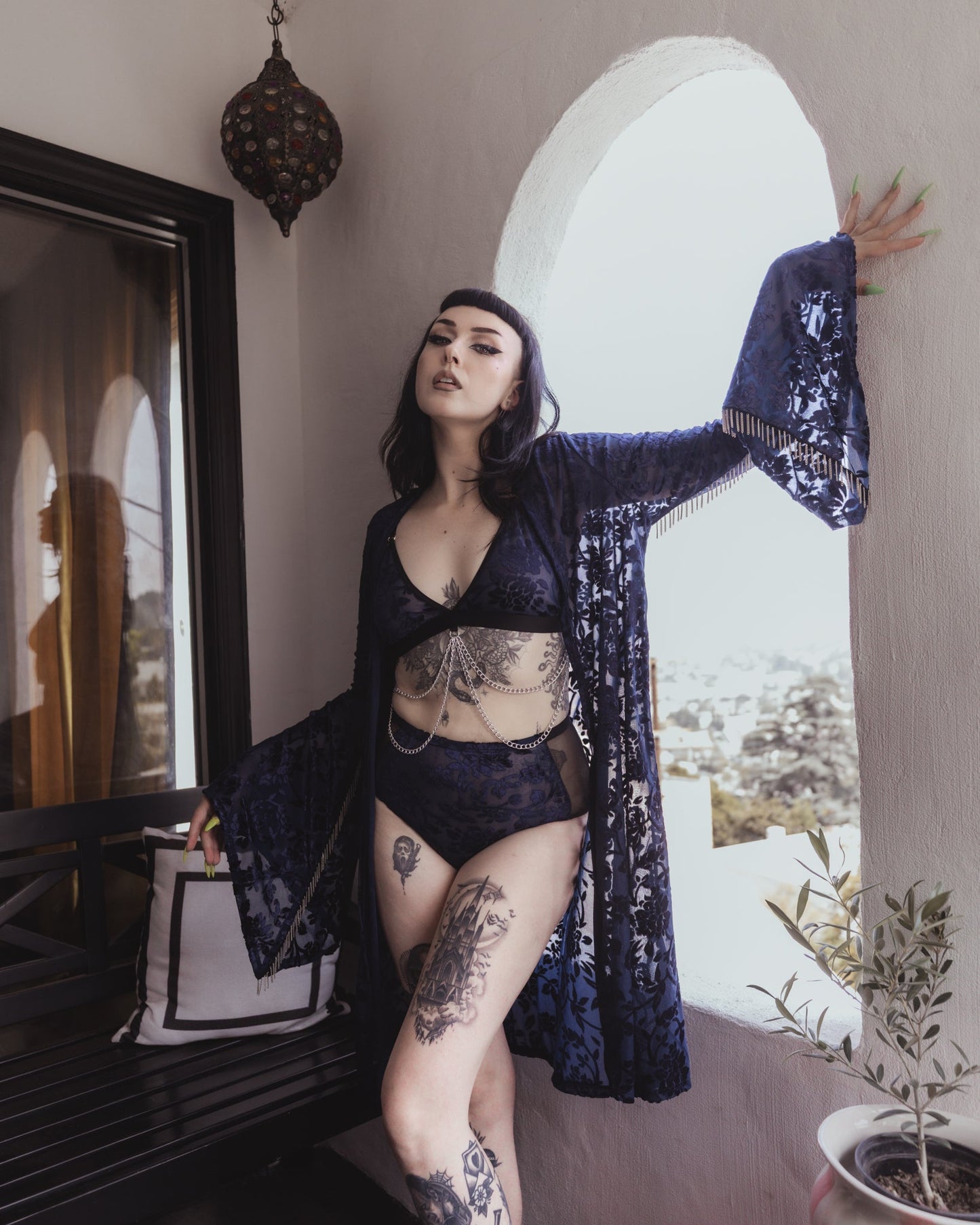 Midnight Muse kimono in deep blue velvet on model