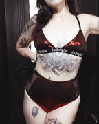 Metallic red Avoid Bralette, full look