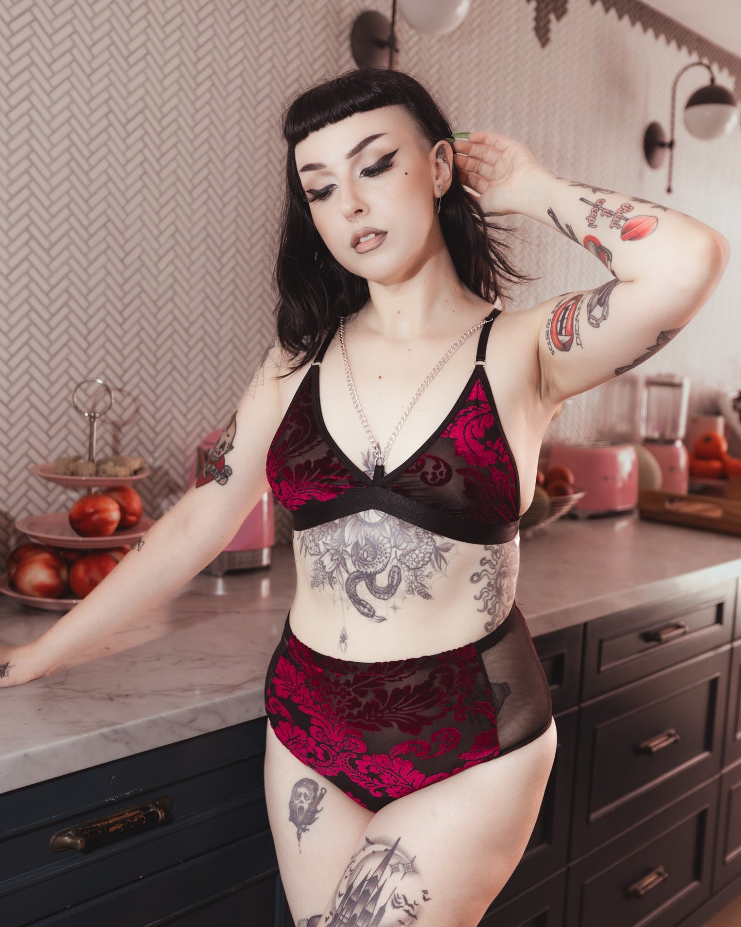 Red floral burnout velvet Wicked Rose panties, side view