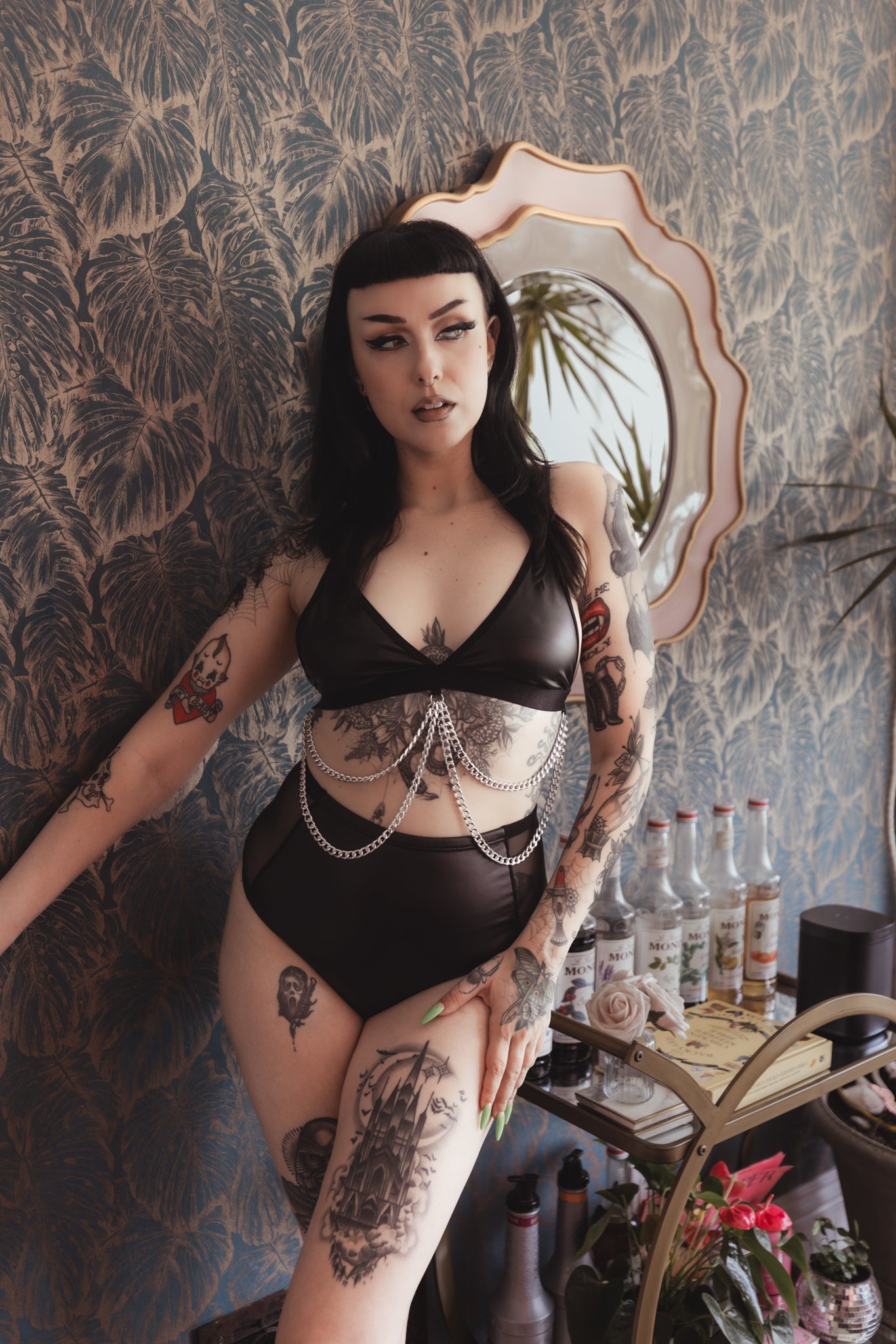 Black pleather Sabbath Fever panties worn with matching bralette