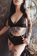Black vegan leather Sabbath Fever Bralette with silver chain by The Pretty Cult